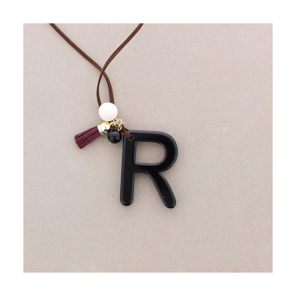 LONG NECKLACE PENDANT INITIAL LETTER R RESIN