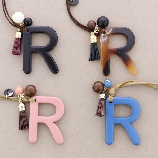 LONG NECKLACE PENDANT INITIAL LETTER R RESIN