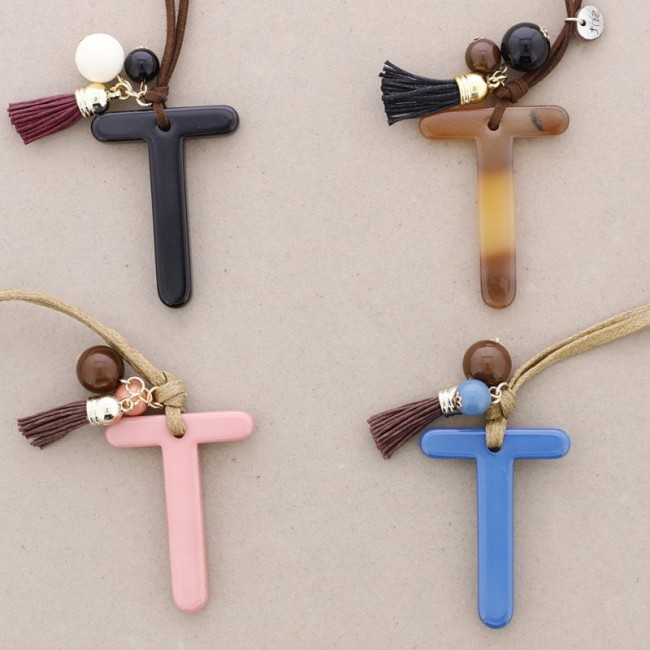 LONG NECKLACE PENDANT INITIAL LETTER T RESIN