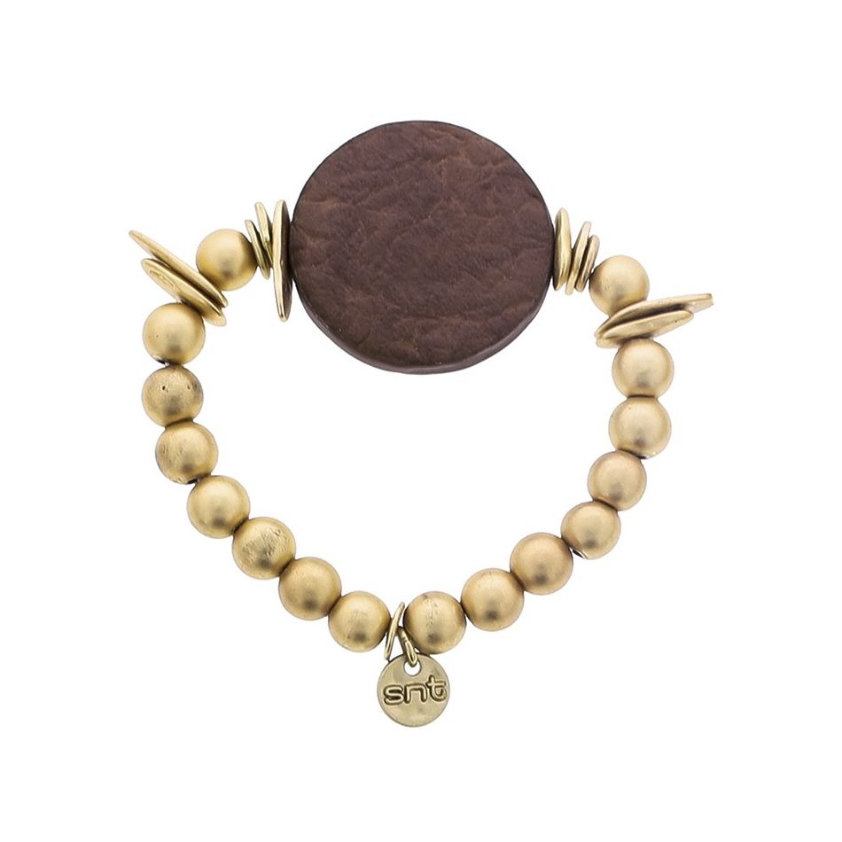 PULSERA ELÁSTICA CUENTAS IMITACIÓN METAL MEDALLA FORRADA