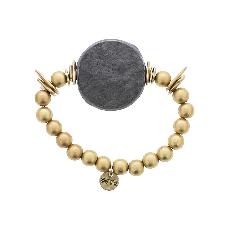 PULSERA ELÁSTICA CUENTAS IMITACIÓN METAL MEDALLA FORRADA