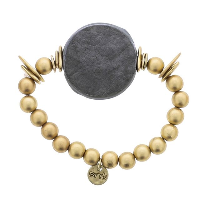 PULSERA ELÁSTICA CUENTAS IMITACIÓN METAL MEDALLA FORRADA