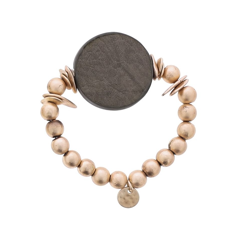 PULSERA ELÁSTICA CUENTAS IMITACIÓN METAL MEDALLA FORRADA