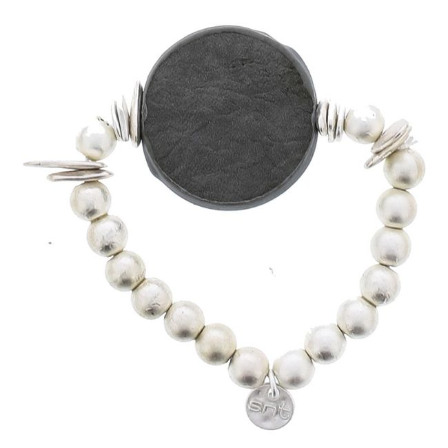 PULSERA ELÁSTICA CUENTAS IMITACIÓN METAL MEDALLA FORRADA