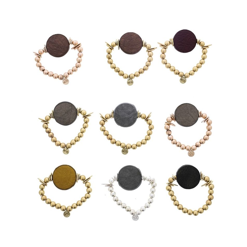 PULSERA ELÁSTICA CUENTAS IMITACIÓN METAL MEDALLA FORRADA