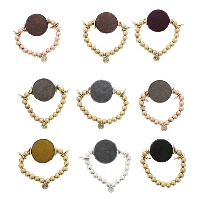 PULSERA ELÁSTICA CUENTAS IMITACIÓN METAL MEDALLA FORRADA