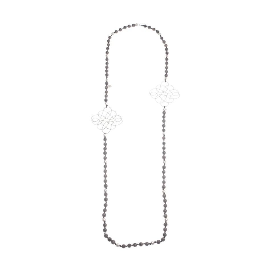 DOUBLE METAL RHOMBUS STONE LONG NECKLACE