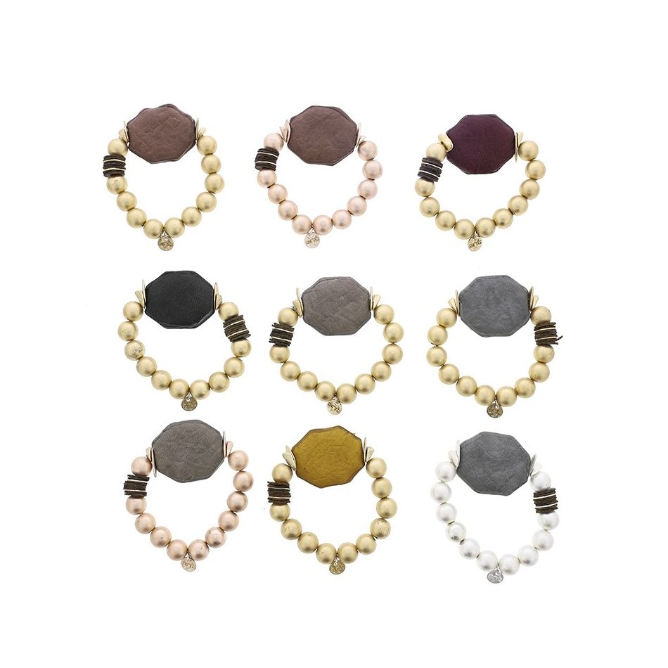 ELASTIC BRACELET WITH IMITATION METAL BEADS WITH LINED MEDAL
