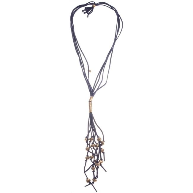 LONG SUEDE NECKLACE WITH METAL BEADS PENDANT