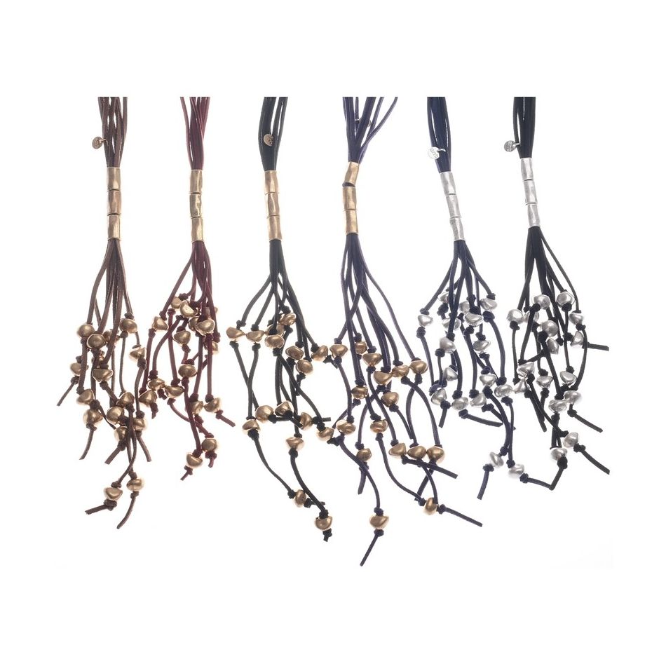 LONG SUEDE NECKLACE WITH METAL BEADS PENDANT