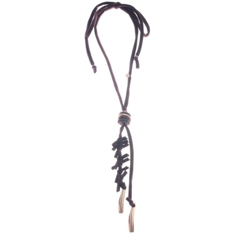 LONG BRAIDED VELVET NECKLACE WITH METAL PENDANT