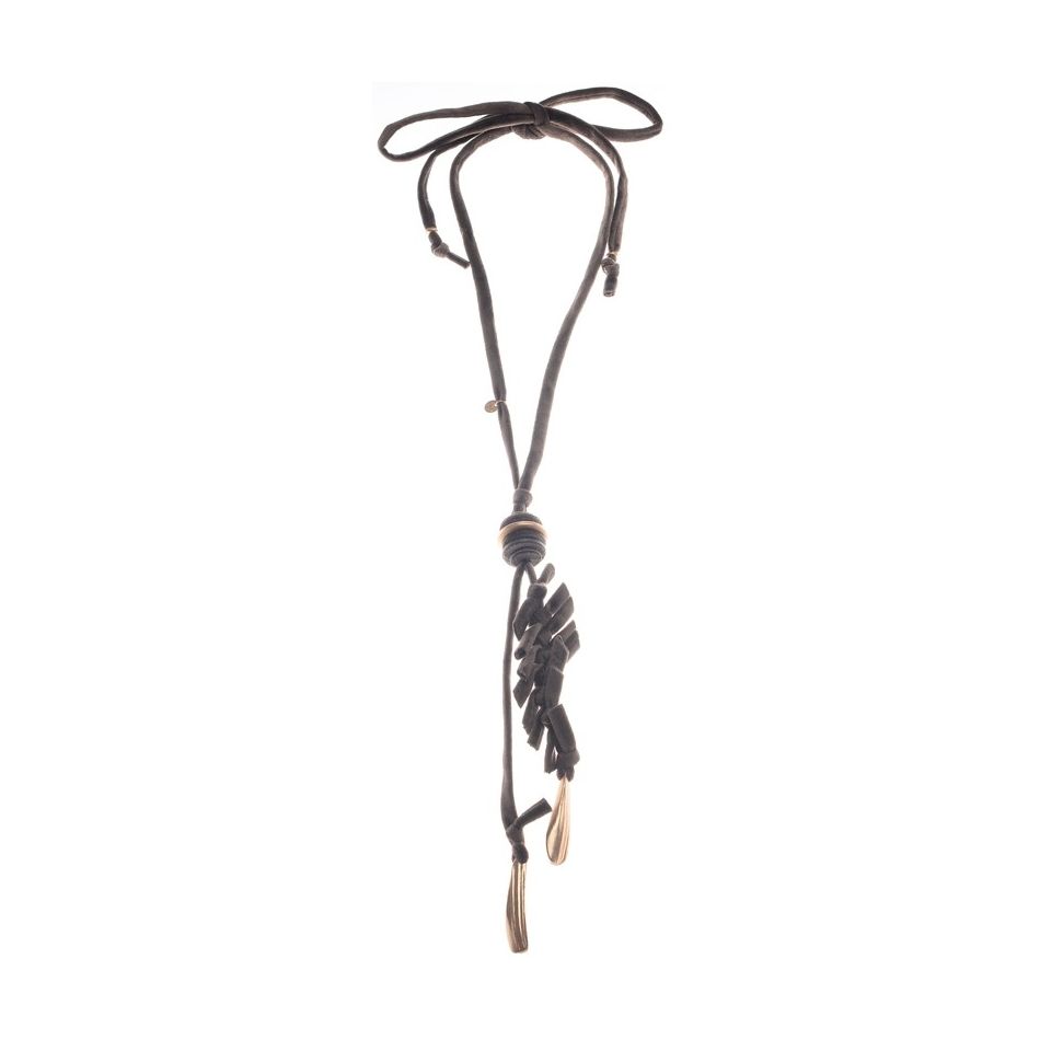 LONG BRAIDED VELVET NECKLACE WITH METAL PENDANT