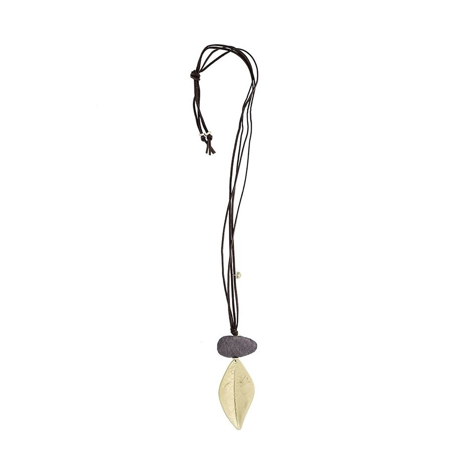 LONG SUEDE NECKLACE METAL LEAF PENDANT