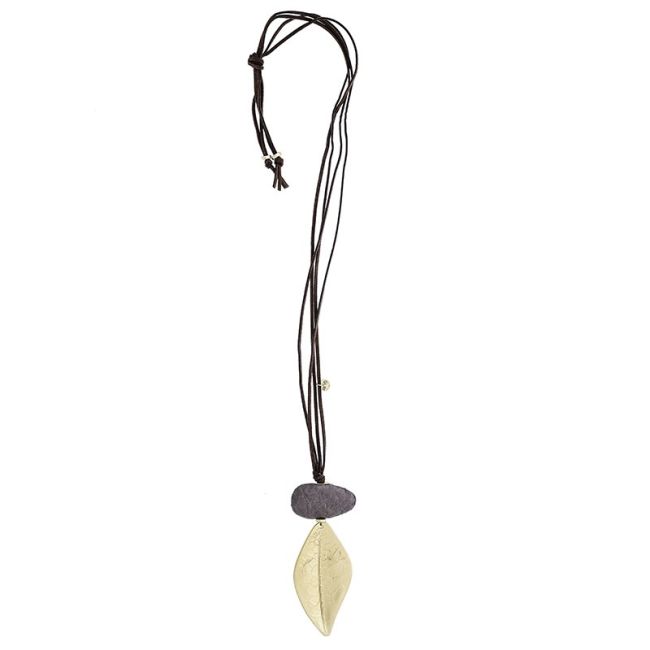 LONG SUEDE NECKLACE METAL LEAF PENDANT