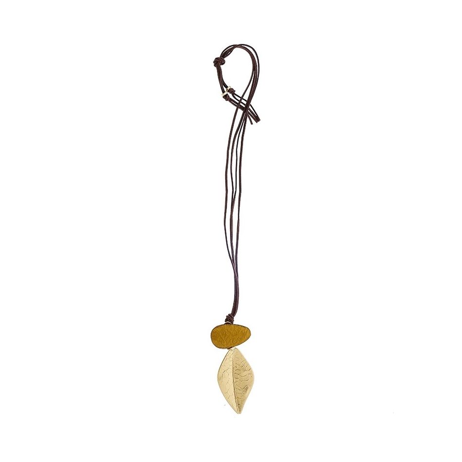LONG SUEDE NECKLACE METAL LEAF PENDANT