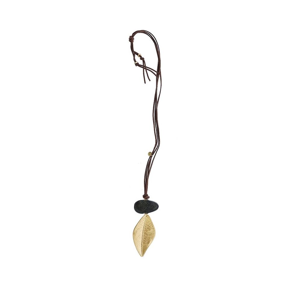 LONG SUEDE NECKLACE METAL LEAF PENDANT
