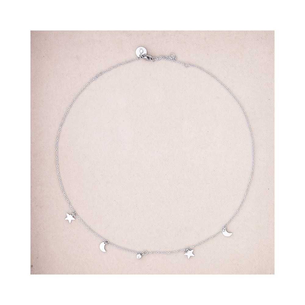 STEEL SHORT NECKLACE WITH LITTLE STARS MOON