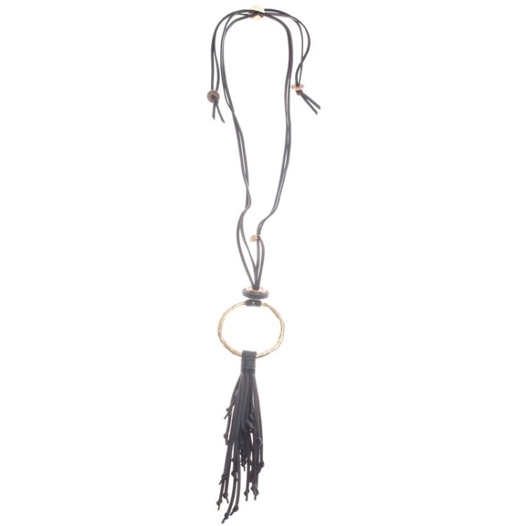 COLLAR LARGO COLGANTE ANILLA METAL FLECO CUERO