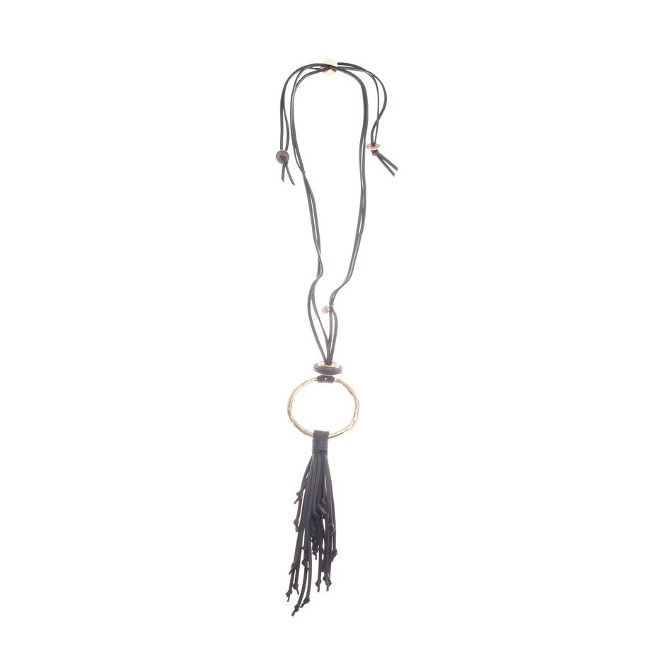 COLLAR LARGO COLGANTE ANILLA METAL FLECO CUERO