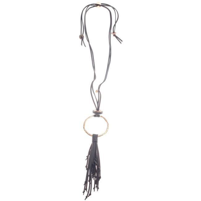 COLLAR LARGO COLGANTE ANILLA METAL FLECO CUERO