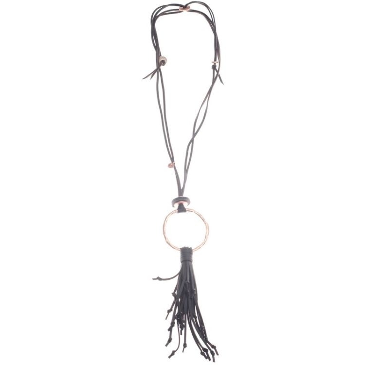 COLLAR LARGO COLGANTE ANILLA METAL FLECO CUERO 2
