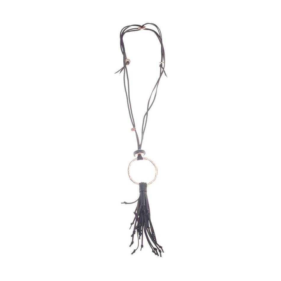 COLLAR LARGO COLGANTE ANILLA METAL FLECO CUERO