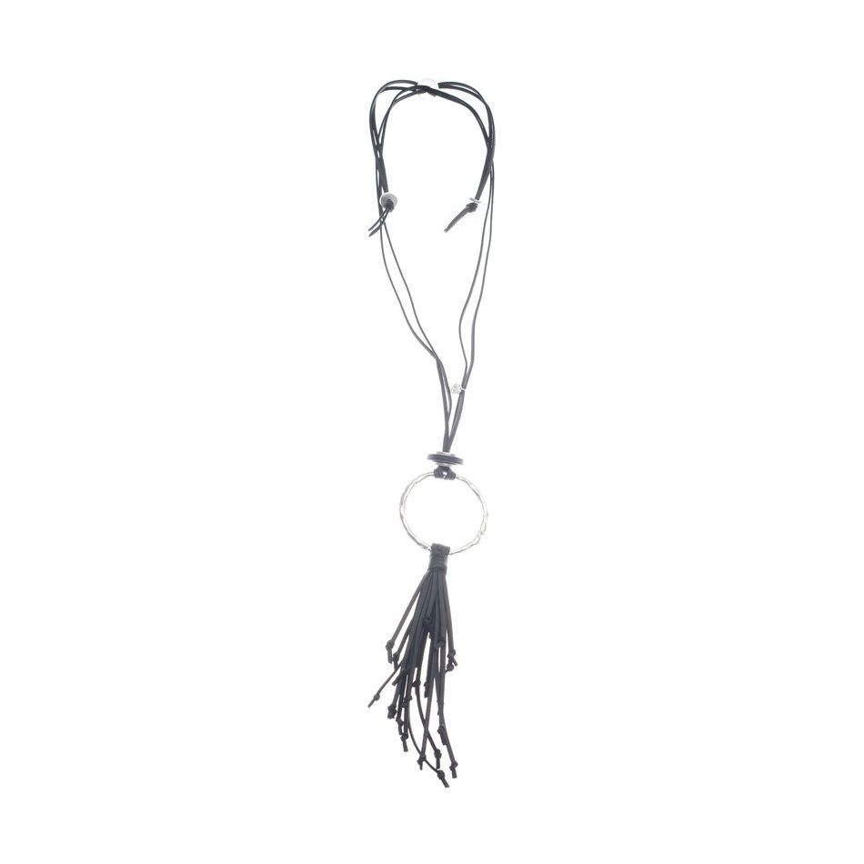 COLLAR LARGO COLGANTE ANILLA METAL FLECO CUERO