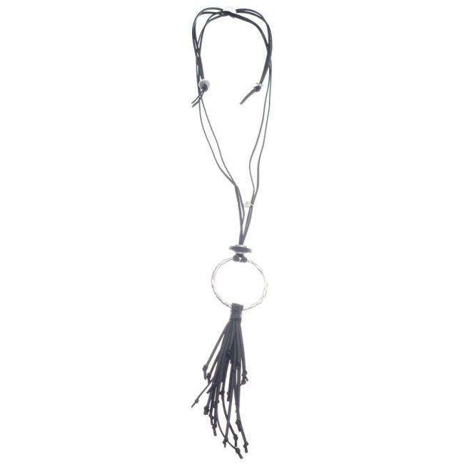 COLLAR LARGO COLGANTE ANILLA METAL FLECO CUERO