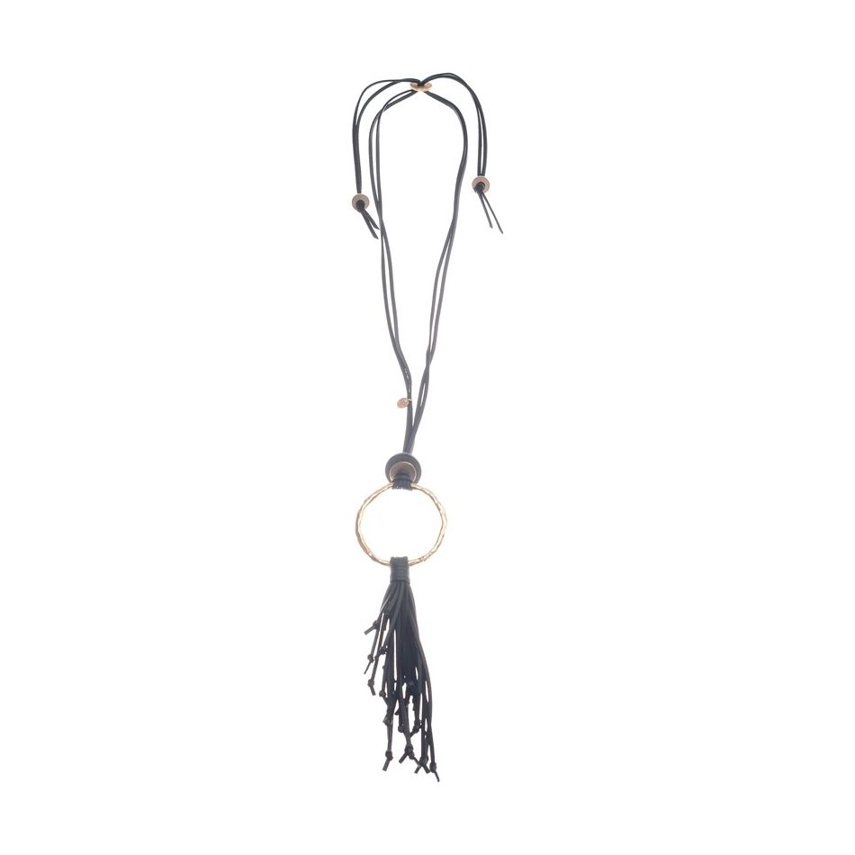 COLLAR LARGO COLGANTE ANILLA METAL FLECO CUERO