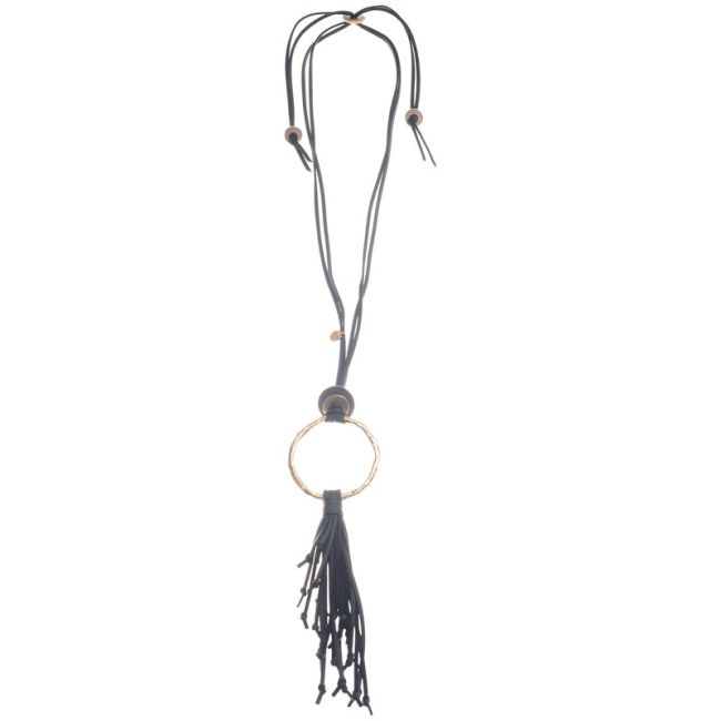 COLLAR LARGO COLGANTE ANILLA METAL FLECO CUERO