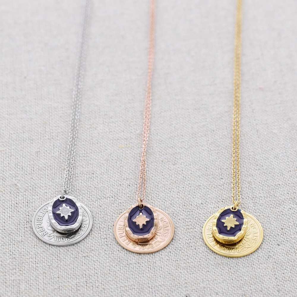 DOUBLE MEDAL PENDANT STEEL SHORT NECKLACE