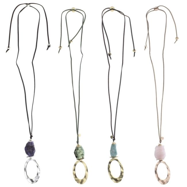 LONG STONE PENDANT NECKLACE WITH METAL RING