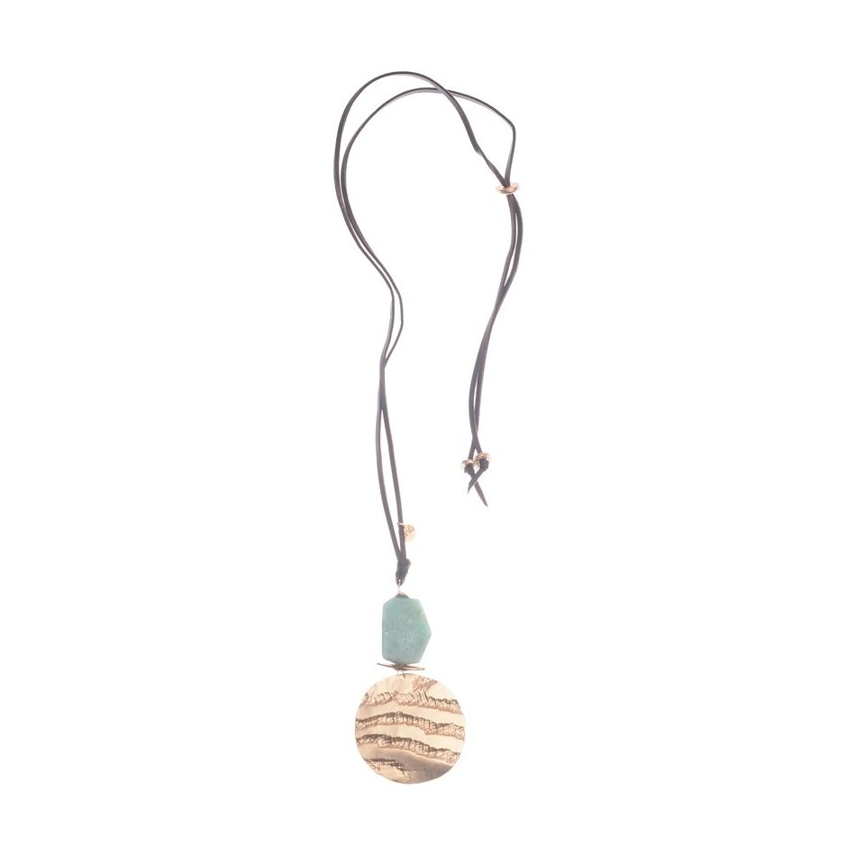 METAL MEDALLION STONE PENDANT LONG NECKLACE