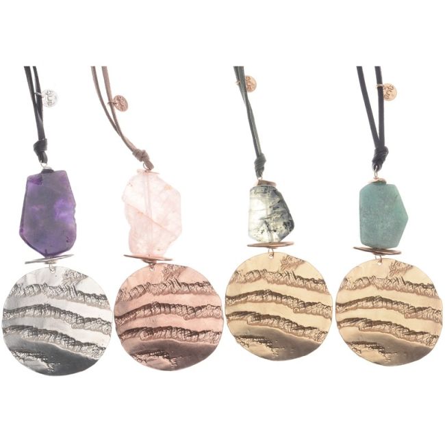 METAL MEDALLION STONE PENDANT LONG NECKLACE
