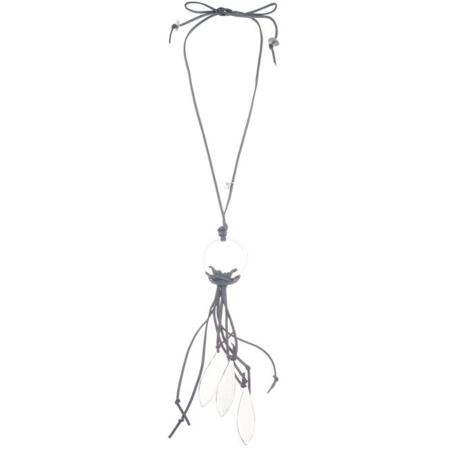 LONG NECKLACE WITH METAL RING PENDANT FRINGE LEAVES