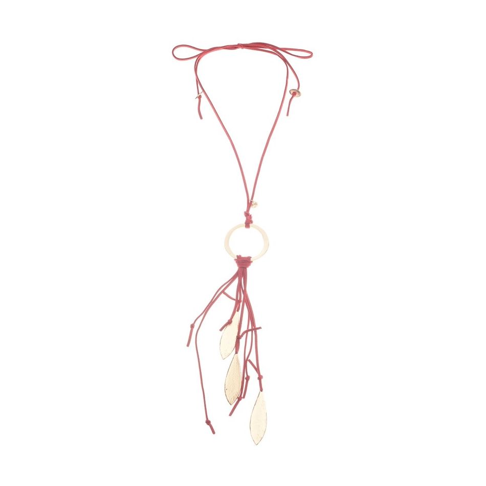 COLLAR LARGO COLGANTE ANILLA METAL FLECO HOJAS