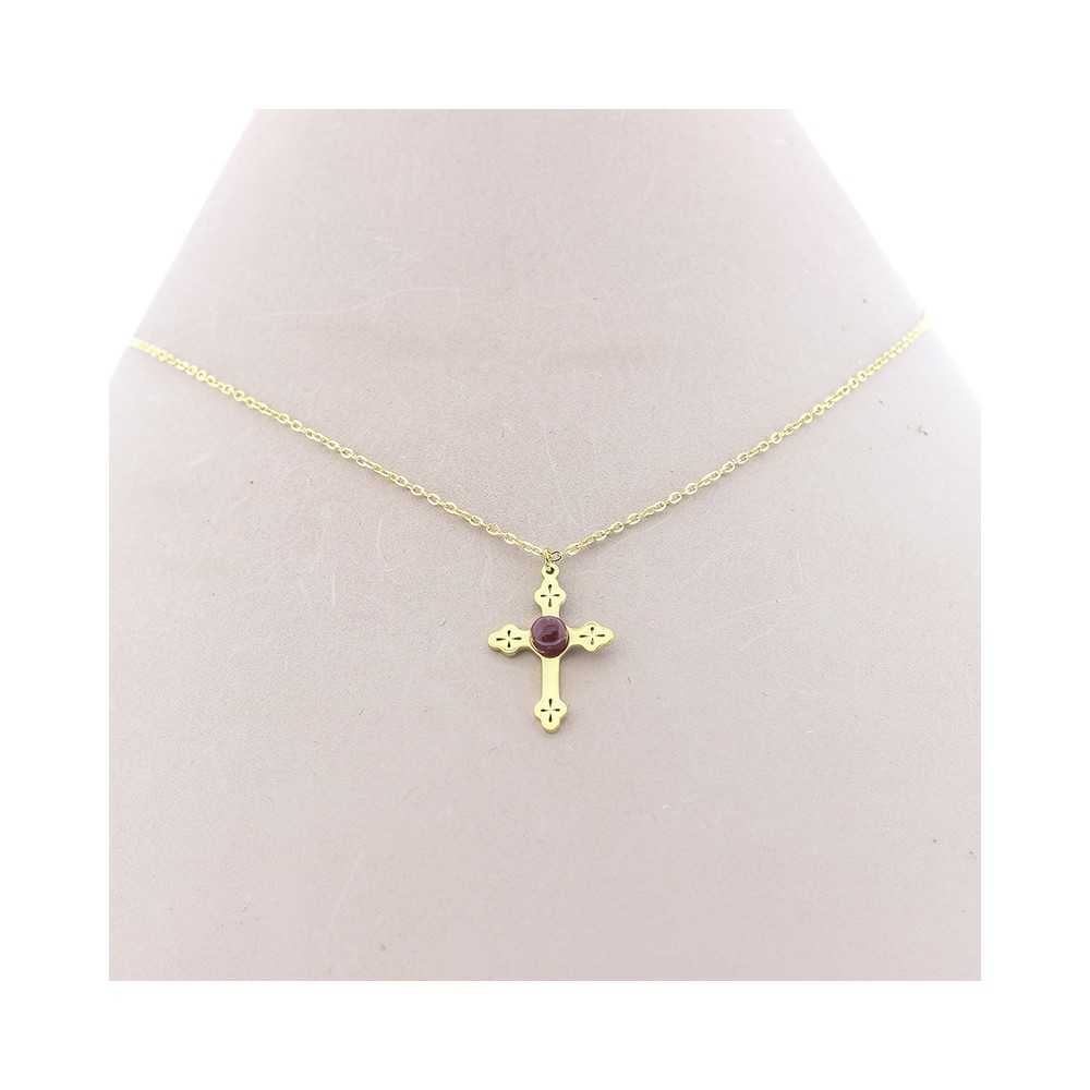 STONE CROSS PENDANT STEEL SHORT NECKLACE