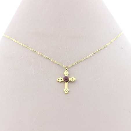 STONE CROSS PENDANT STEEL SHORT NECKLACE