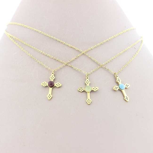 STONE CROSS PENDANT STEEL SHORT NECKLACE