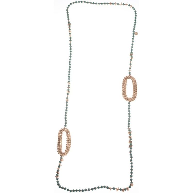 LONG NECKLACE WITH FACETED CRYSTALS AND METAL OVAL RINGS