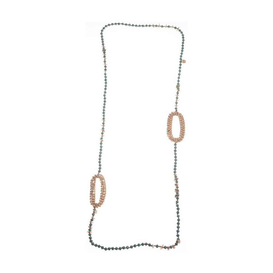 LONG NECKLACE WITH FACETED CRYSTALS AND METAL OVAL RINGS