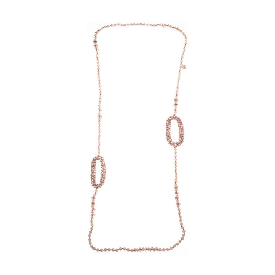 LONG NECKLACE WITH FACETED CRYSTALS AND METAL OVAL RINGS