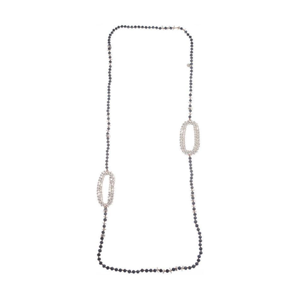 LONG NECKLACE WITH FACETED CRYSTALS AND METAL OVAL RINGS