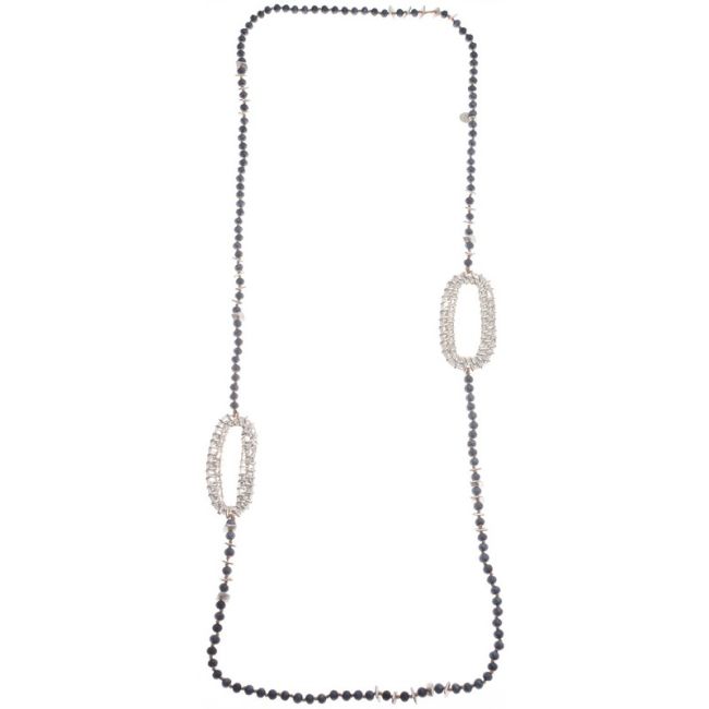 LONG NECKLACE WITH FACETED CRYSTALS AND METAL OVAL RINGS