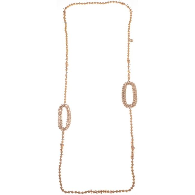 LONG NECKLACE WITH FACETED CRYSTALS AND METAL OVAL RINGS