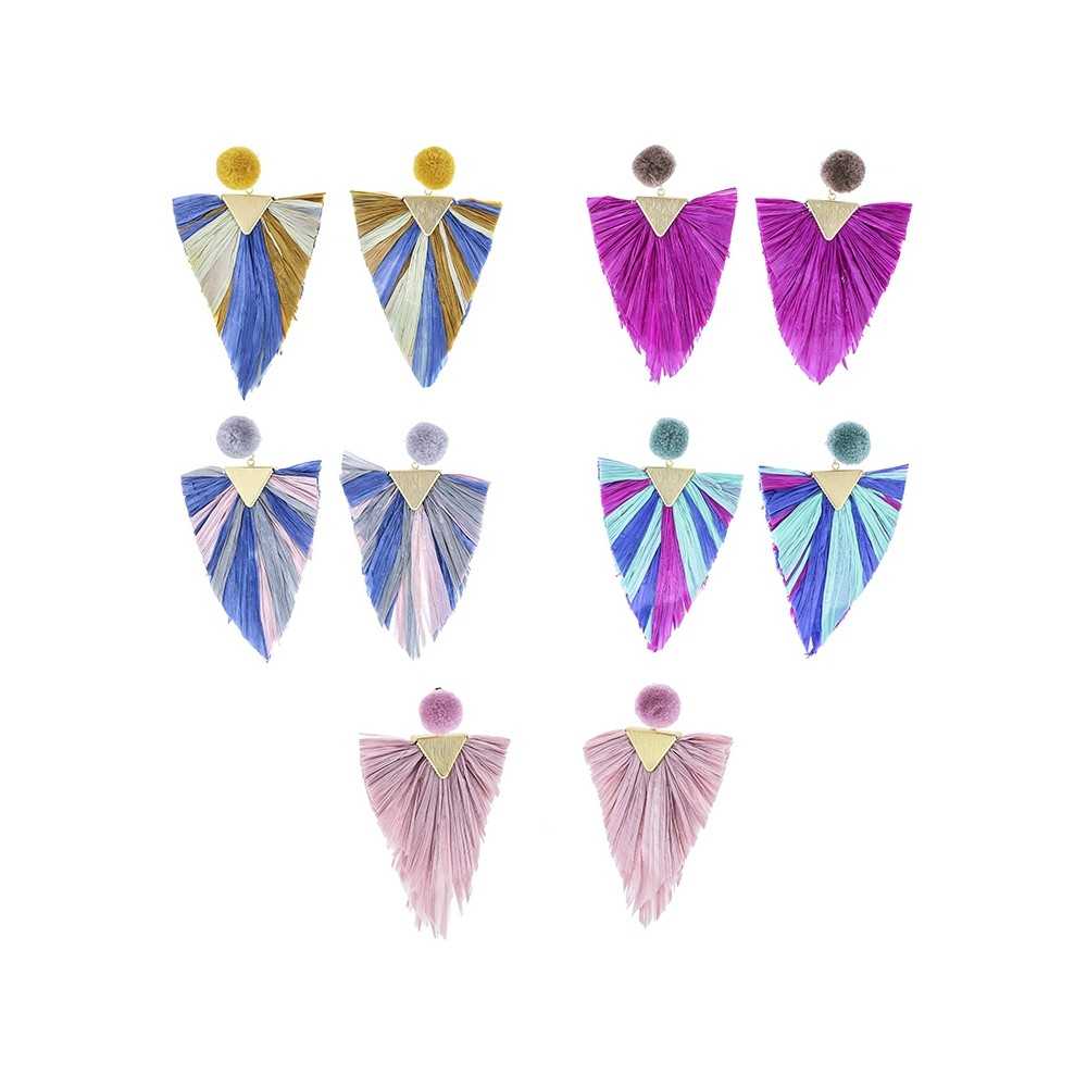 TRIANGULAR RAFFIA HANGING POMPOM EARRINGS