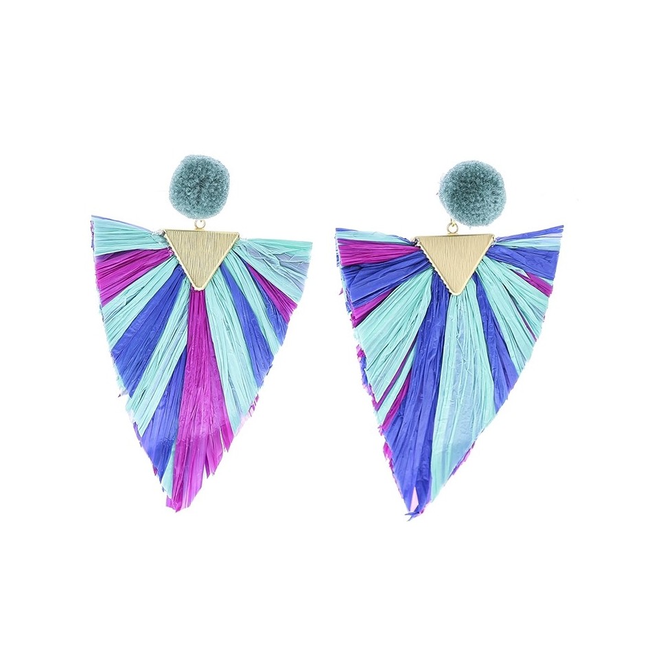 PENDIENTES POMPÓN COLGANTE RAFIA TRIANGULAR