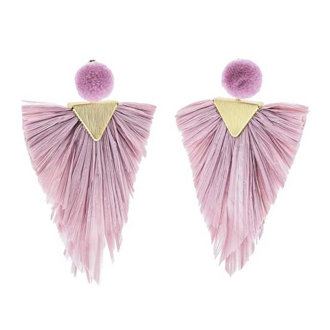 TRIANGULAR RAFFIA HANGING POMPOM EARRINGS