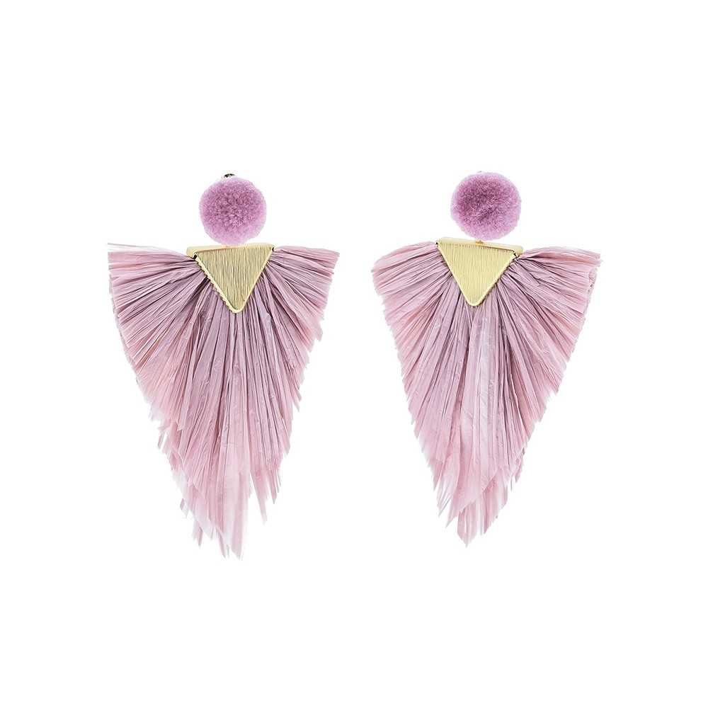 TRIANGULAR RAFFIA HANGING POMPOM EARRINGS