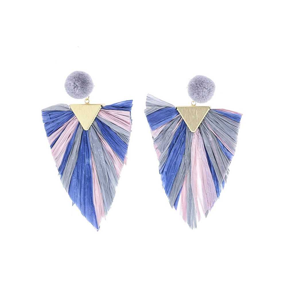 TRIANGULAR RAFFIA HANGING POMPOM EARRINGS